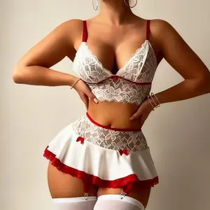Feminine Lace Bow Suspender Skirt Sexy Lingerie Set, Transparent Lace Splicing, Echoing the Top Design, Strong Breathability