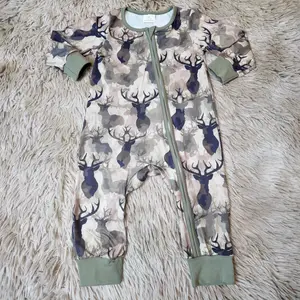 Long sleeves deer printed zippy sleeper hunting baby boy romper