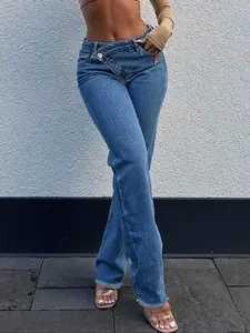 Women's Cross-Waist Straight Leg Jeans, Trendy Asymmetric Irregular Button Front Denim Jeans, Streetwear Long Trousers with Faux Fur Hem Womenswear