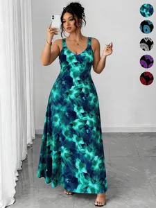 Plus Size Women's Printed Halter Sleeveless Dress, Loose V Neck Split Long Dress, Sexy Boho Style Summer Vacation Wear, Beach Party Pool