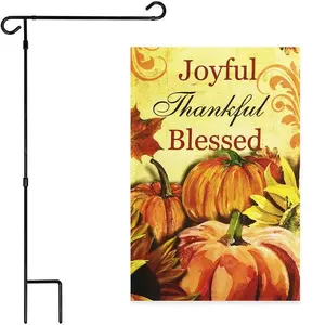 G128 Combo Pack: Garden Flag Stand Black 36x16 Inch & Garden Flag Joyful Thankful Blessed Three Pumpkins 12x18 Inch