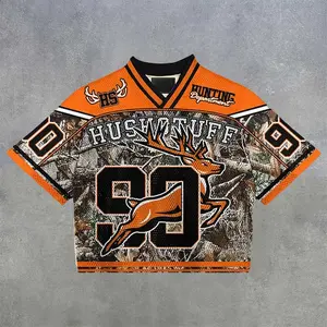 Men’s Orange Camo Graphic Mesh V-Neck Jersey T-Shirt with Deer & Number Print