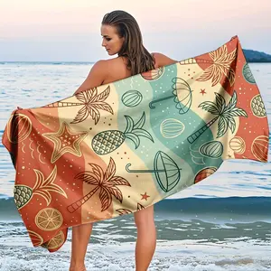 Vintage Summer Beach Towel, Blue Color, Coconut Tree Pineapple Print, Quick-Dry Absorbent, Soft Comfortable, Durable Fade-Resistant