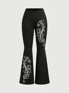 Women's High Waist Slim Fit Flare Pants, Cross Waist Design, Geometric Pattern, Comfortable Casual Trousers, Fashionable Daily Wear, Fitted, Casual Fashion Comfy, Crossover High Waist