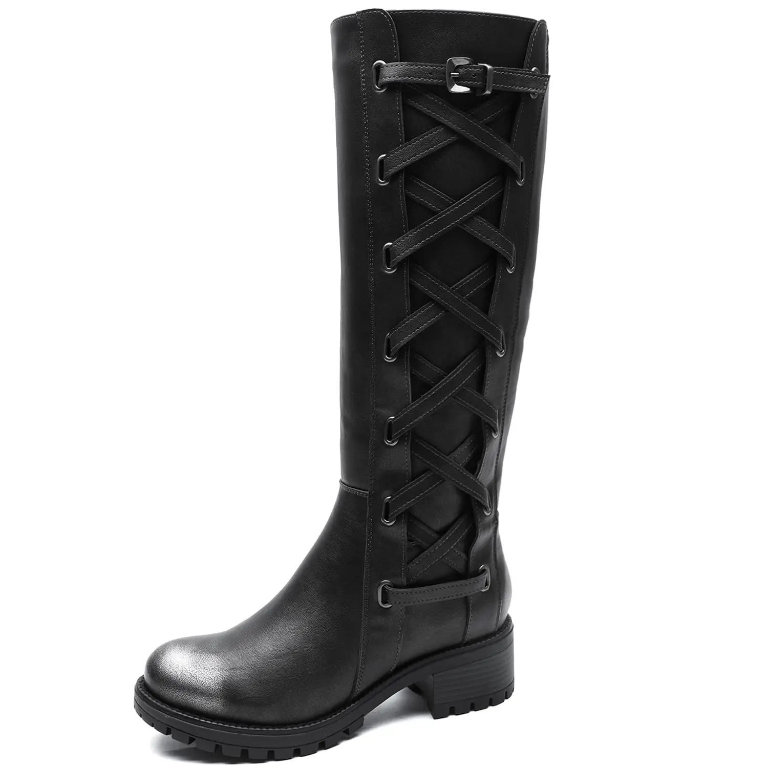 GLOBALWIN Women's Knee-High Riding Boots - Black Distressed Silver, Wide Calf, Low Heel, Side Zipper, Size 5.5M - Women's Shoe & Footwear