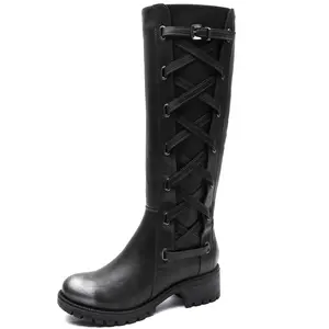 GLOBALWIN Women's Knee High Boots Riding Boots For Women Black Distressed Silver Boots Wide Calf Motorcycle Boots Low Heel With Side Zipper Size 5.5M