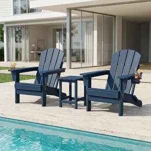 YJ-Folding Adirondack Chair 3 piece set,2 chairs and 1 table – Weather Resistant HDPE Outdoor Patio Chair, Durable Wood Texture, Low Maintenance, Fire Pit Deck Pool Garden Backyard