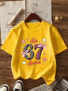 Girls' Short Sleeve Birthday Theme Printed T-Shirt, Leopard & Chessboard Number 67 Bow Star Decor, Sweet Casual Style for Party Wear