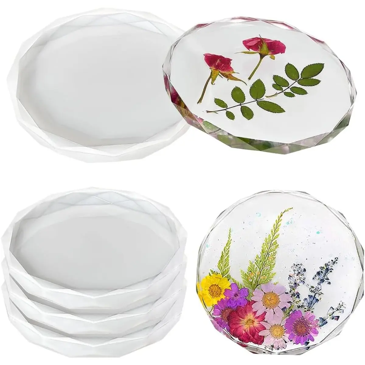 Sturdy 4-Pcs Round Diamond Cut Silicone Coaster Molds with Inlaid Edge (13cm/5.12in), Individually Packaged, Reusable for Epoxy Resin & Gypsum Casting, Home Decoration Essential