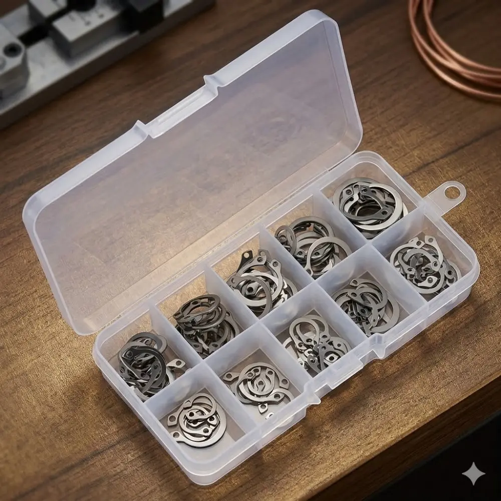 Stainless Steel Snap Ring Kit for Engine Repair, Industrial Gear Assembly Tools, Corrosion-Resistant Retaining Rings, Quick-Release Fasteners, Durable C-Clip Set, Multi-Size Storage Case for Workshop Repairs