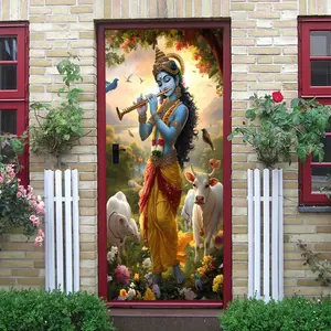 2pcs Hindu Deity Wall Sticker Lord Krishna Playing Flute God Figurine Decal Home Door Living Room Bedroom Wall Decor Indian Culture Art Waterproof Self Adhesive Removable Decal