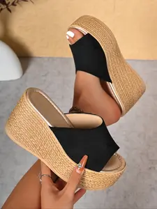 Women's Vintage Velvet Wedge Sandals, Thick Sole Braided Bottom Slip-On High Heel Slippers, Casual Beach Vacation Outdoor Wear