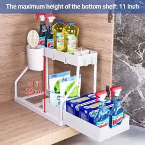 Double-layer storage rack with sliding pull-out baskets and reinforced load-bearing frame; suitable for kitchens, bathrooms, toilets, laundry rooms, dressing tables, and side tables; maximizes storage space and helps keep items organized.