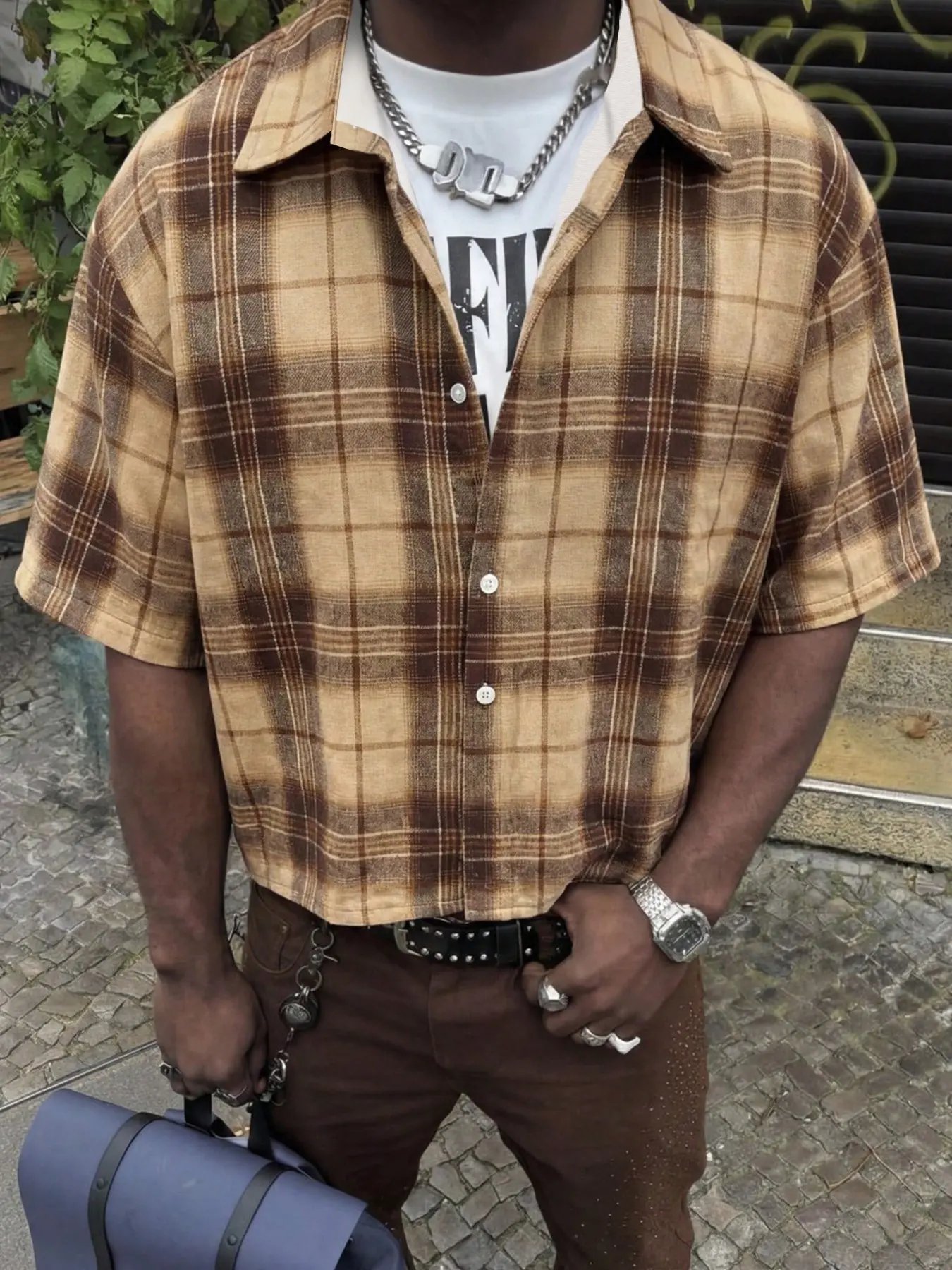 Vintage Brown Plaid Short Sleeve Shirt - Men’s Y2K Streetwear, Oversized Button Down with Distressed 28 Print, Button Closure Shirt, Perfect for TikTok Viral Grunge & Hip Hop Outfits