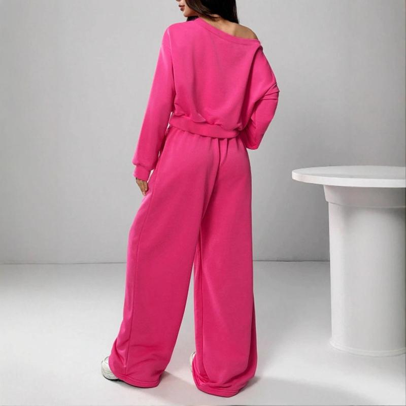 Two Piece Sets for Women Fall Sweatsuits Long Sleeve Off Shoulder Top Wide Leg Sweatpants Lounge Sets Tracksuit