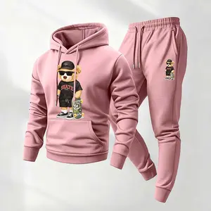 Men's Cute Bear 2-Piece Hip-Hop Tracksuit - Long Sleeve Hooded Jacket & Sweatpants, Casual Athleisure for Fall & Winter Daily, Indoor & Outdoor Sportswear