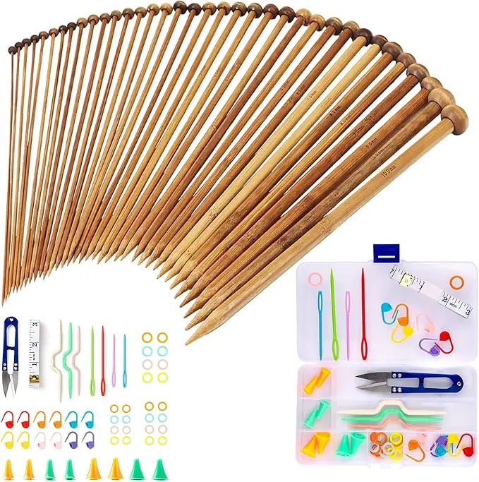 Bamboo Knitting Needles Set-36pcs Single Pointed Wooden Knitting Needles, 9 Inches Length Knitting Supplies for Beginners (18 Sizes: 2.0 mm-10.0 mm) + Weaving Tools Knitting Kits