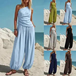 Latest Sleeveless Sloping Shoulder Top and Wide Leg Pants, Women's Summer 2-Piece Outfits, Sleeveless Cropped Top & High Waist Pants Lounge Set, Solid Casual Loose Fitting Suit, Elegant Sloping Shoulder Collar Temperament Set,  #Outdoorfun