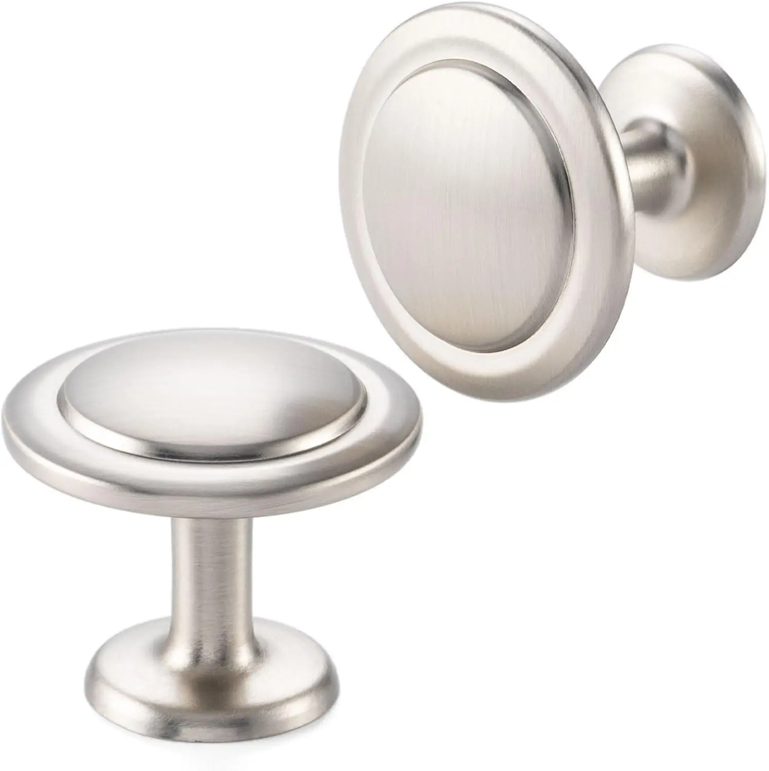 Brushed Nickel Cabinet Knobs - 10 Pack 1.25in Round Single Hole Stepped Design Pulls, for Kitchen Cabinets, Bathroom Vanity Drawers