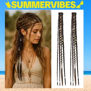 AISI HAIR Clip in Braid Hair Extensions for Women, 16/20" Boho Dreadlock Clip in Braids with Beads & Charms, 2PCS Synthetic Braided Hairpieces for Cosplay Daily