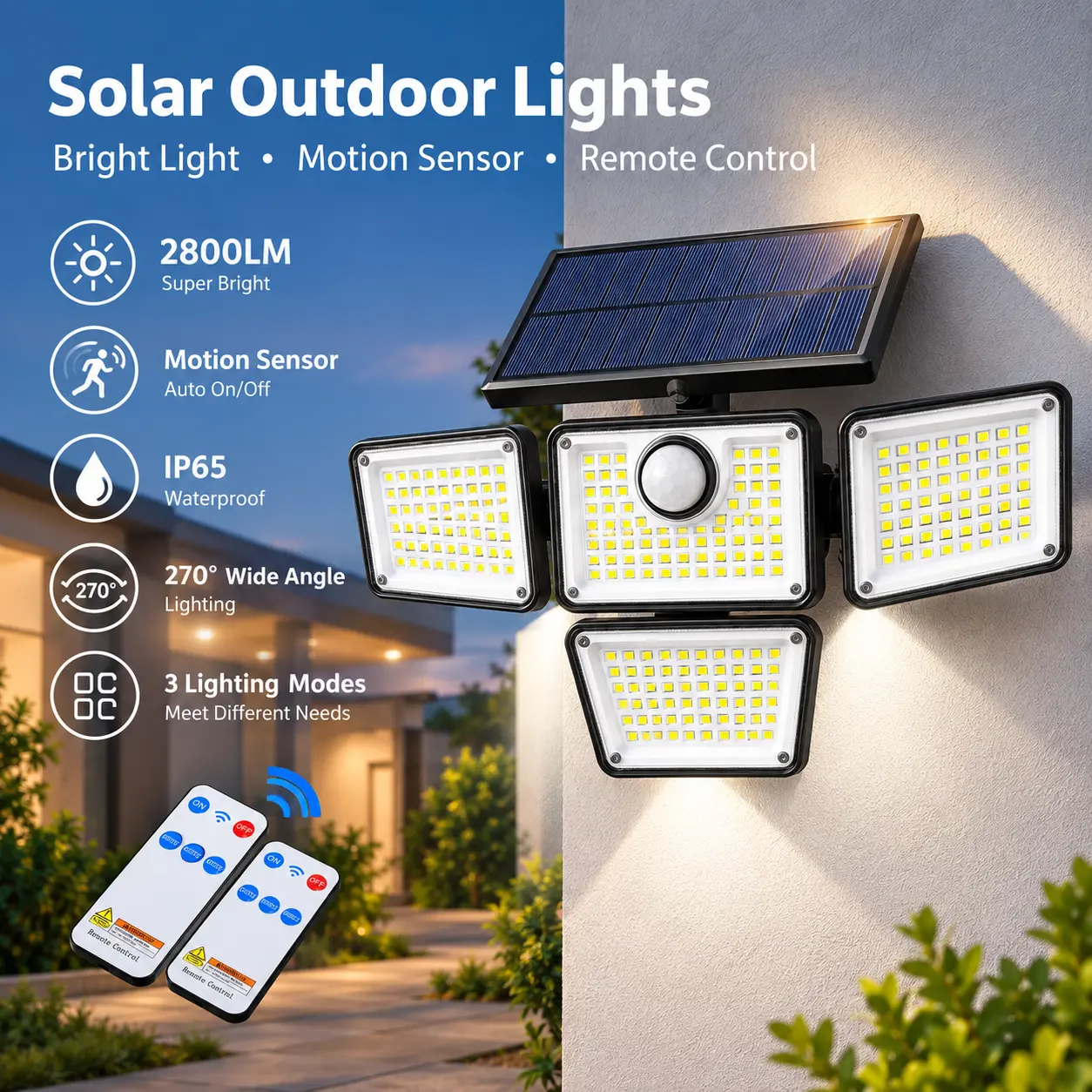 Leclstar Solar Outdoor Acrylic Wall Light - 2800LM, 223-LED Motion Sensor Security Light, 4-Heads, Remote Control, IP65 Waterproof, 270° Wide Angle, 3 Lighting Modes, for Patio, Garage, Porch #SpecialDeal
