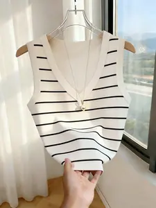 Striped V-Neck Knit Tank Top, Sleeveless Slim Fit Bralette, Basic Innerwear, Women's Fashion, Daily/office Wear, Minimalist Style
