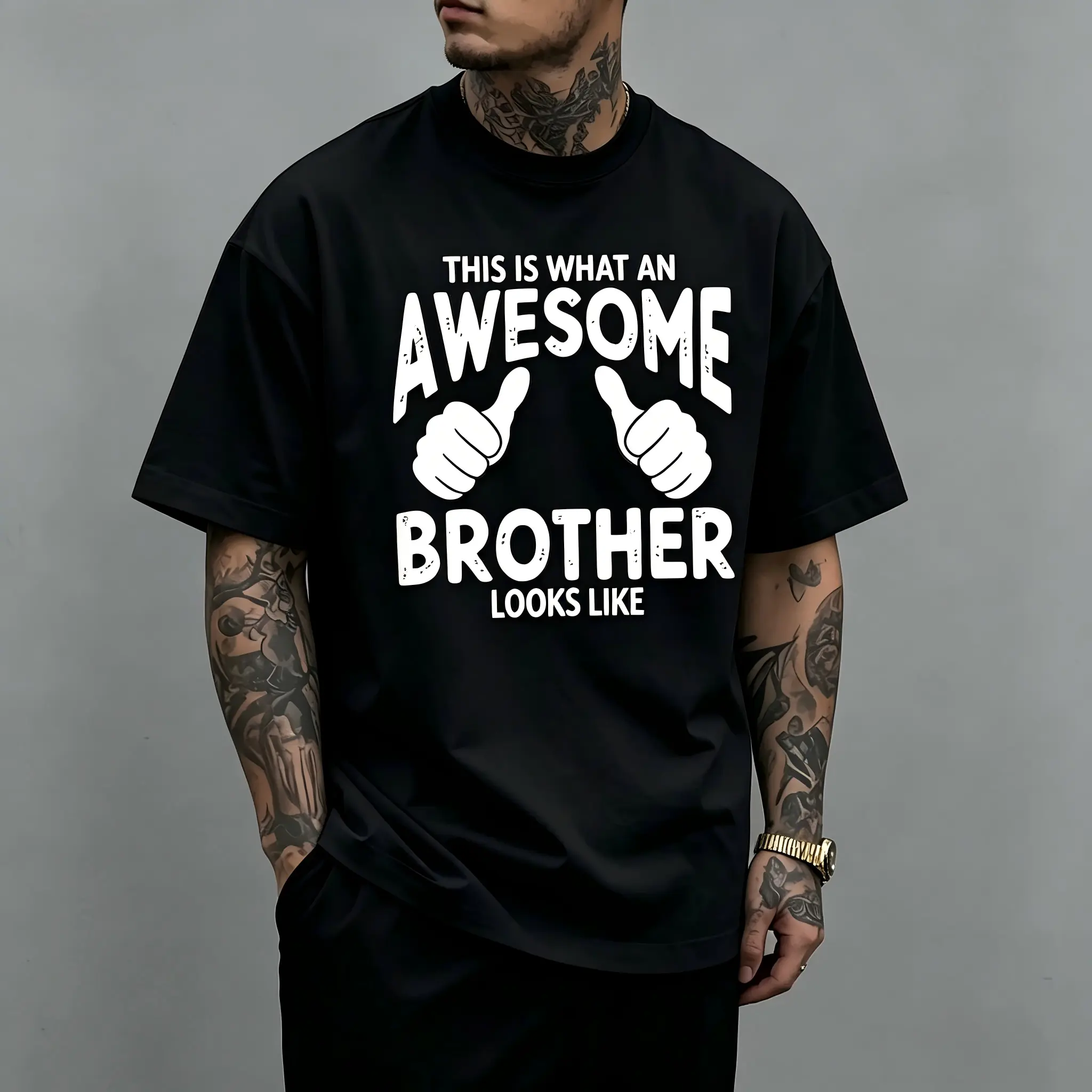 "This Is What An Awesome Brother Looks Like" Thumbs-Up Unisex T-Shirt for Men & Women - Funny Brother Appreciation Tee, Soft Cotton Crew Neck Short Sleeve, Great for Daily & All-Season Wear, Family Gift, Machine Washable