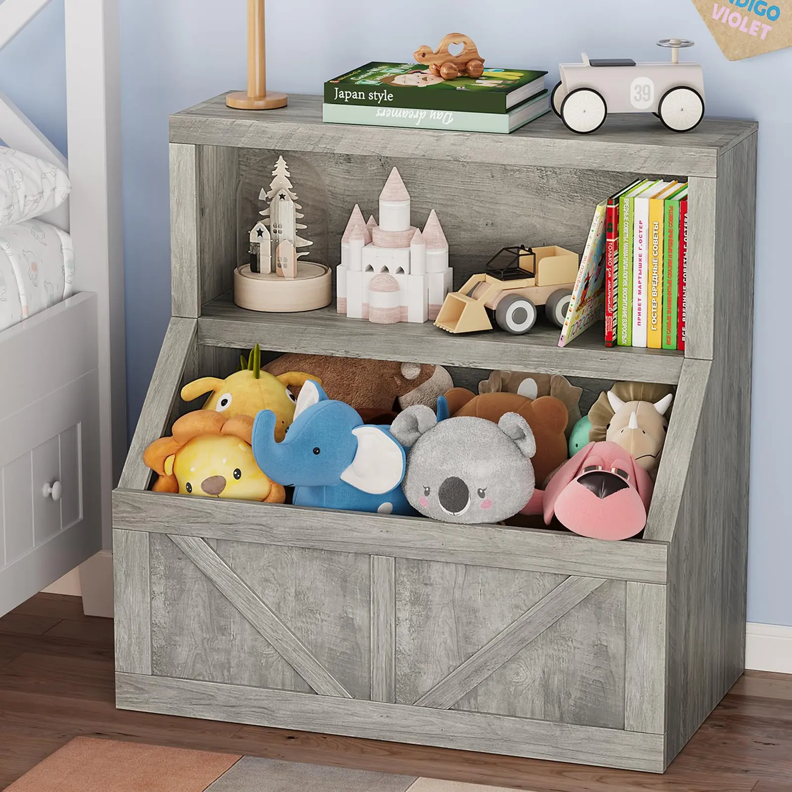 Gaomon Sturdy Stable Grey Wooden Multi-Cubby Multi-Functional Storage Organizer Bookshelf Cabinet - Pretend Play Furniture for Daycare, Playroom with Book Storage