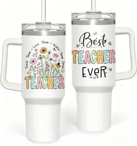 40 oz Teacher Tumbler With Handle, Best Teacher Ever Vacuum Travel Coffee Cup Tumbler, Teacher Appreciation Gifts for Women, Kitchen Drinkware