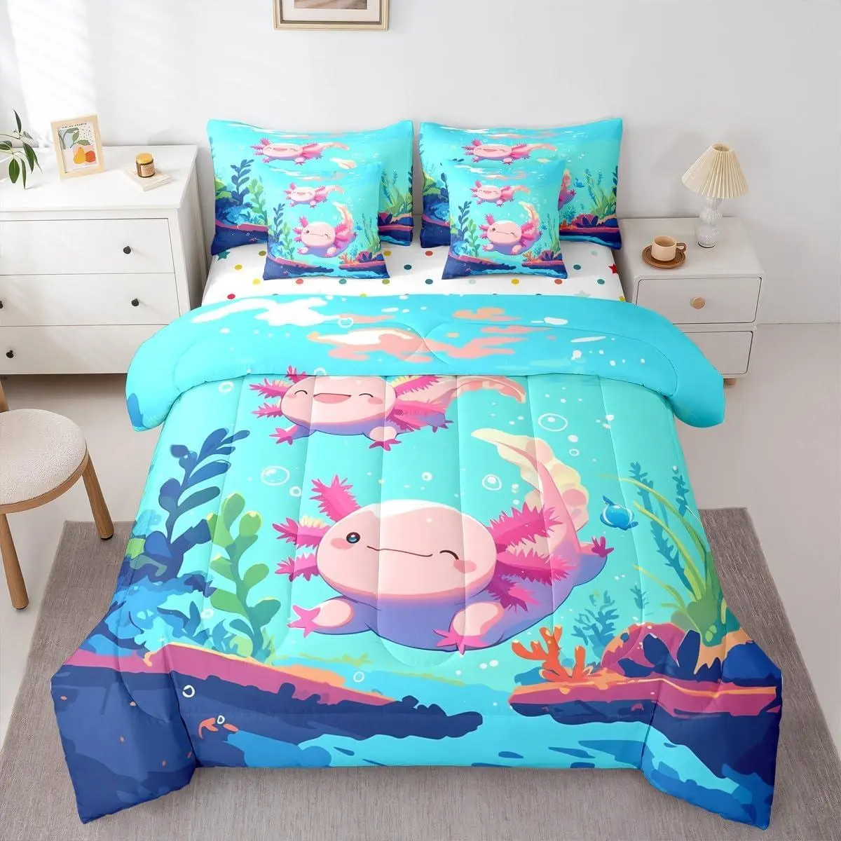 Cute Pink Axolotl Bed in A Bag with Flat Fitted Sheets - Blue Sea Ocean Animal 7-Piece Bedding Set,Girls Cute Axolotl Comforter Set with Sheets for Kids Teens Sealife Bed Sets