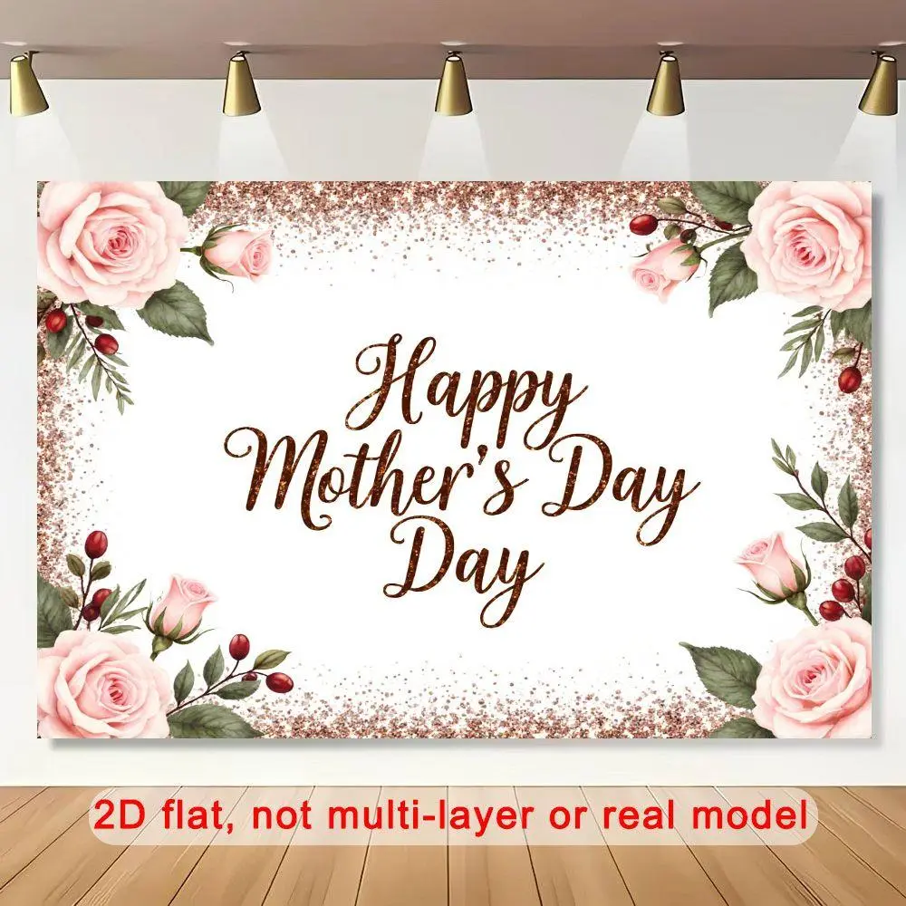 1pc Polyester Happy Birthday & Christmas Banner, 2D Flat Floral Background Cloth with Rose-Gold Glitter Border, Pink Roses, Green Leaves, Indoor-Outdoor Home Ceremony Party Decor Backdrop (Festive & Party Supplies)