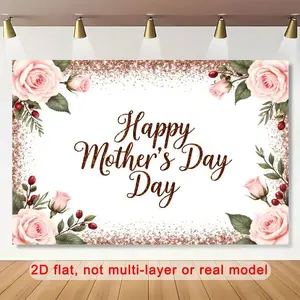 1pc Polyester Mother's Day & Birthday Banner, 2D Flat Floral Background Cloth with Rose-Gold Glitter Border, Pink Roses, Green Leaves, Flower-Decorated Backdrop for Home, Party Supplies