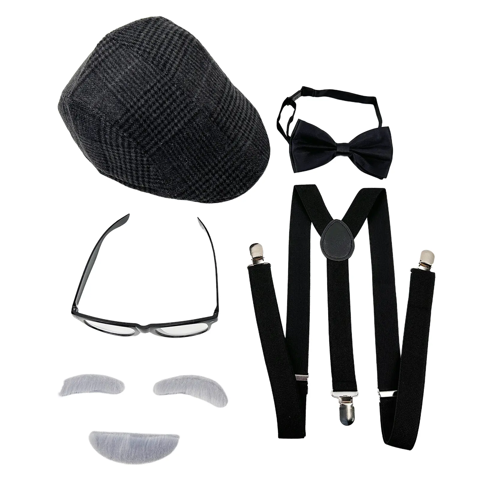OIDEA Men's 7-Piece Old Man Costume Kit, Vintage Plaid Polyester Accessories with Suspenders and Bow Tie for Halloween Cosplay, Aesthetic, Clothes, Menswear, Matching Costume, Set, Complete Accessories, Fake Beard, Plaid Print, Adjustable Fit