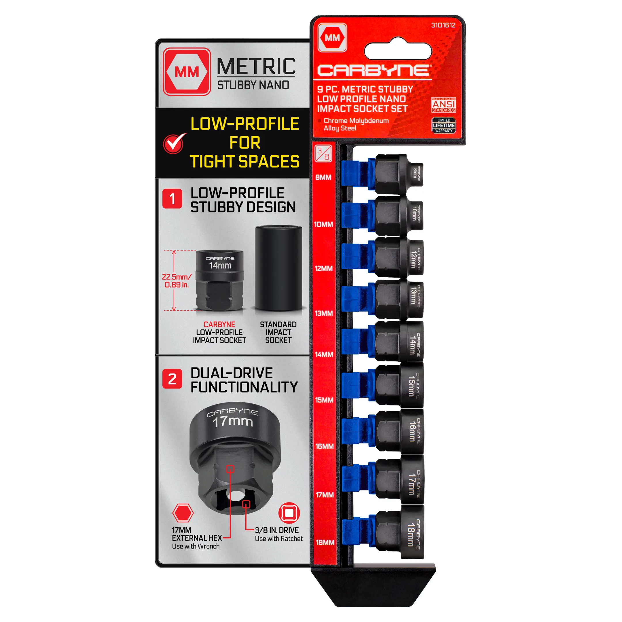 CARBYNE 9-Piece Metric Stubby Low Profile Impact Socket Set, 3/8 in. Drive 8, 10, 12 to 18mm Sizes, Cr-Mo Steel, Manganese Phosphate, 17mm External Hex, 22.5mm Height, Hand or Powered Ratchet