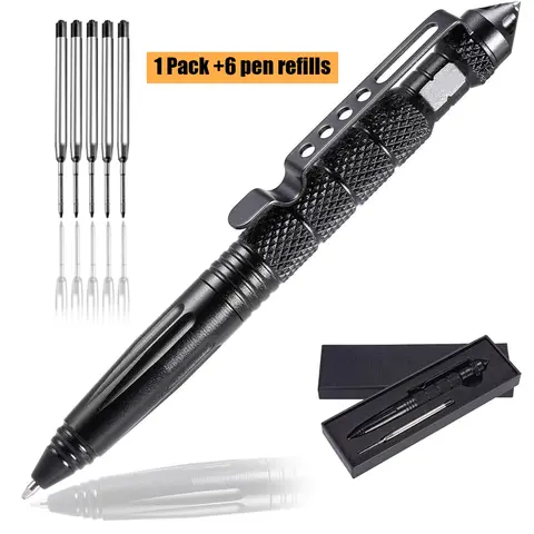 Multi-Functional Emergency Specialty Replaceable Ink Pen - Tungsten Steel Tip, Tungsten Cap, Aerospace-Grade Aluminum Body, Low-Profile Design, Discreet Threaded Grip, 6 Stainless Refills, Gift Box-Packaged Office Stationery for Professionals, Outdoor Use