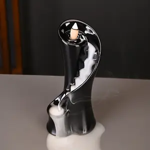 Unique Cloud Stairs Ceramic Waterfall Incense Holder Inspired by a Lighthouse, Paired with a Pack of Backflow Incense Cones.