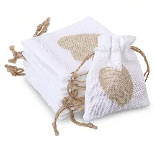 12 Heart Print Hemp Gift Bags, Mini Drawstring Jewelry Pouches, Wedding Bachelorette Party Birthday Halloween Christmas Supplies