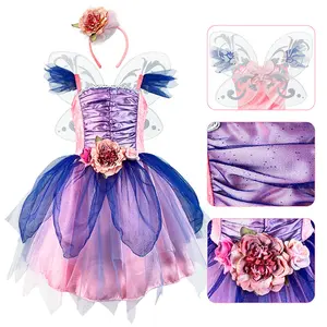 Kids Girls' Fairy Costume Set, Flower Mesh Tulle Dress with Wings and Cute Headband, Toddler Party Cosplay Outfit