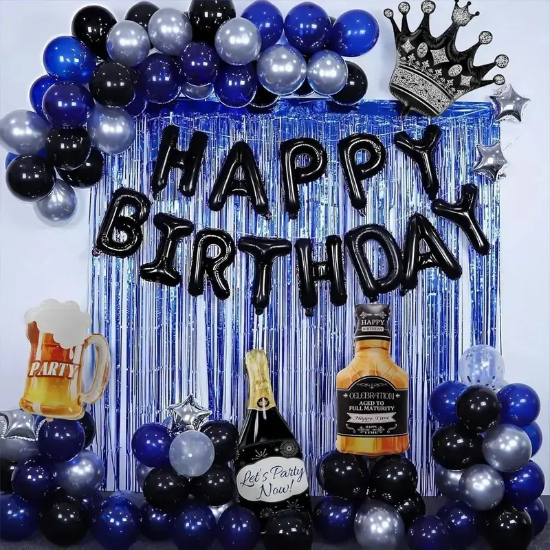 Blue and Black Happy Birthday Decorations for Men, Birthday Decorations with Banner, Fringe Curtains, Foil Balloons, Balloon Kits for 21st 25th 27th 30th 35th 40 50 60th Birthday Decorations summerwins