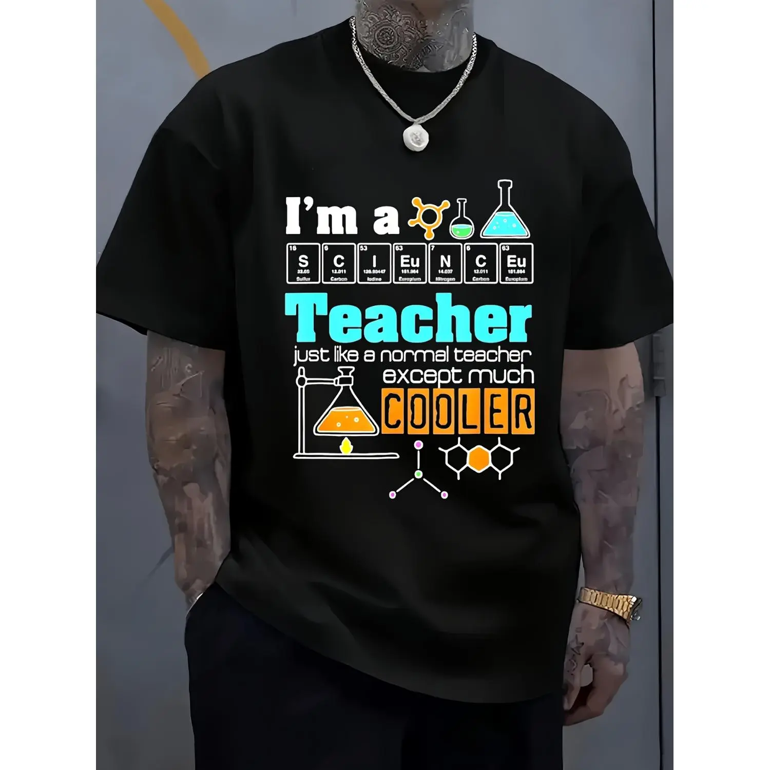 Humorous Science Teacher T-Shirt with I Am a Science Teacher Except Much Cooler Slogan Black Crew Neck Casual Tee for All Seasons Comfortable Gift for Educators