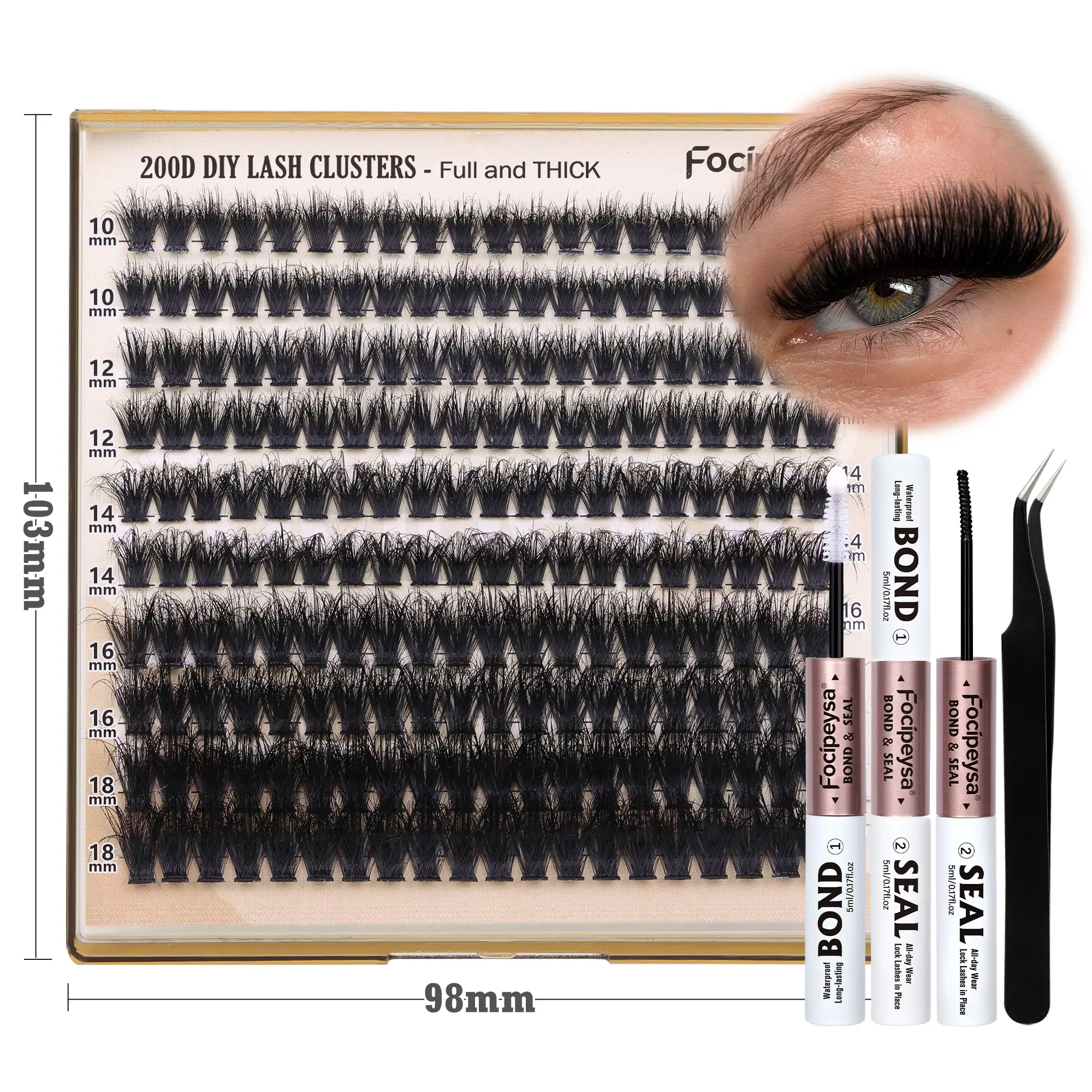 Focipeysa Lash Extension Kit D Curl Thick Eyelash Extension Kit 10-18mm Full Lash Clusters 200D Individual Eyelashes Kit with Lash Bond and Seal Lash
