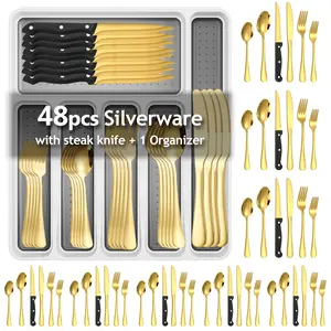 49-Piece Silverware Set with Organizer Stainless Steel Flatware Cutlery Set Service for 8, Mirror Polished Kitchen Utensils Set with Steak Knives Included Spoons and Forks Set & Tray Metal Tableware