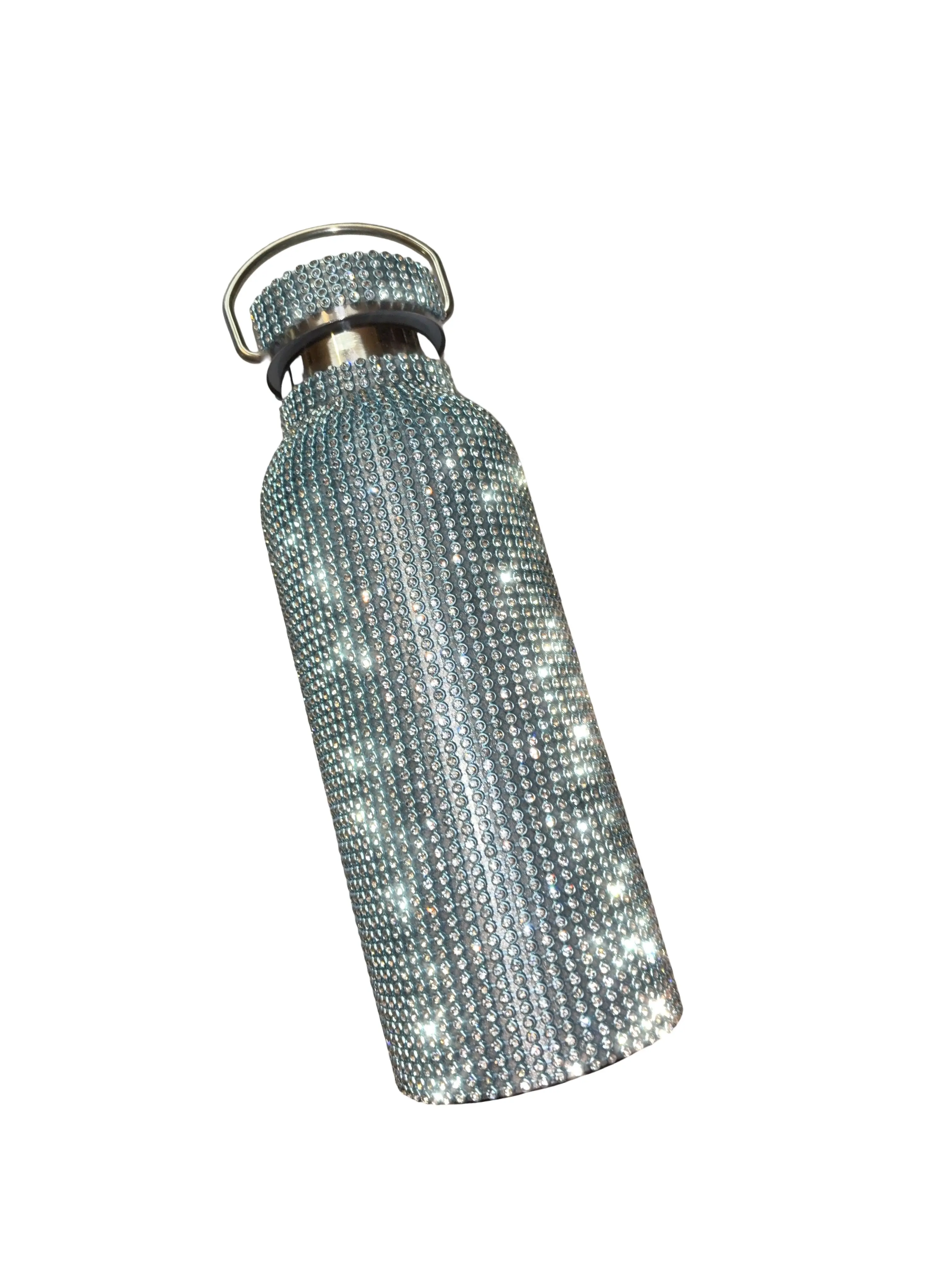 Light Blue Crystal Rhinestone Tone Thermos Bottle with Chain Elegant and Sparkling Design for Everyday Use