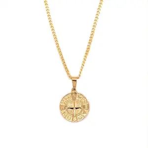 18K Gold Compass Pendant Necklace for Men - North Star Charm on 2mm Rope or Figaro Chain, Layered Chain Jewelry Gift for Him or Son