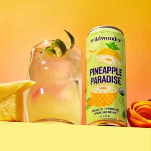 wildwonder Sparkling Probiotic Drink For Gut Health & Immune Support, Pineapple Paradise, 5g Prebiotic Fiber, Live Probiotics, Organic, Vegan, Low Sugar, 12oz Can, As Seen on Shark Tank