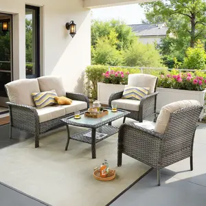 【2 Packages Shipping】HOOOWOOO 4-Piece Modular Outdoor Sectional Wicker Patio Conversation Set , All-Weather Outdoor Rattan Backyard Set, Coffee Table