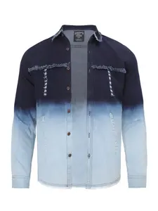 Men’s ombre washed denim shirt with raw hem pockets, vintage gradient blue, regular fit
