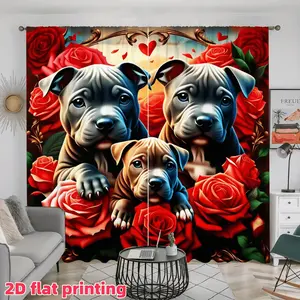 2D Flat 2Pcs Cute Pitbull Dog & Red Rose Curtains, Valentine's Day Themed Window Drapes for Home Living Room, Bedroom, Balcony Study, Semi-Sunshade Decorative Panels, Rod Pocket Style Accessory, Anti-Privacy.