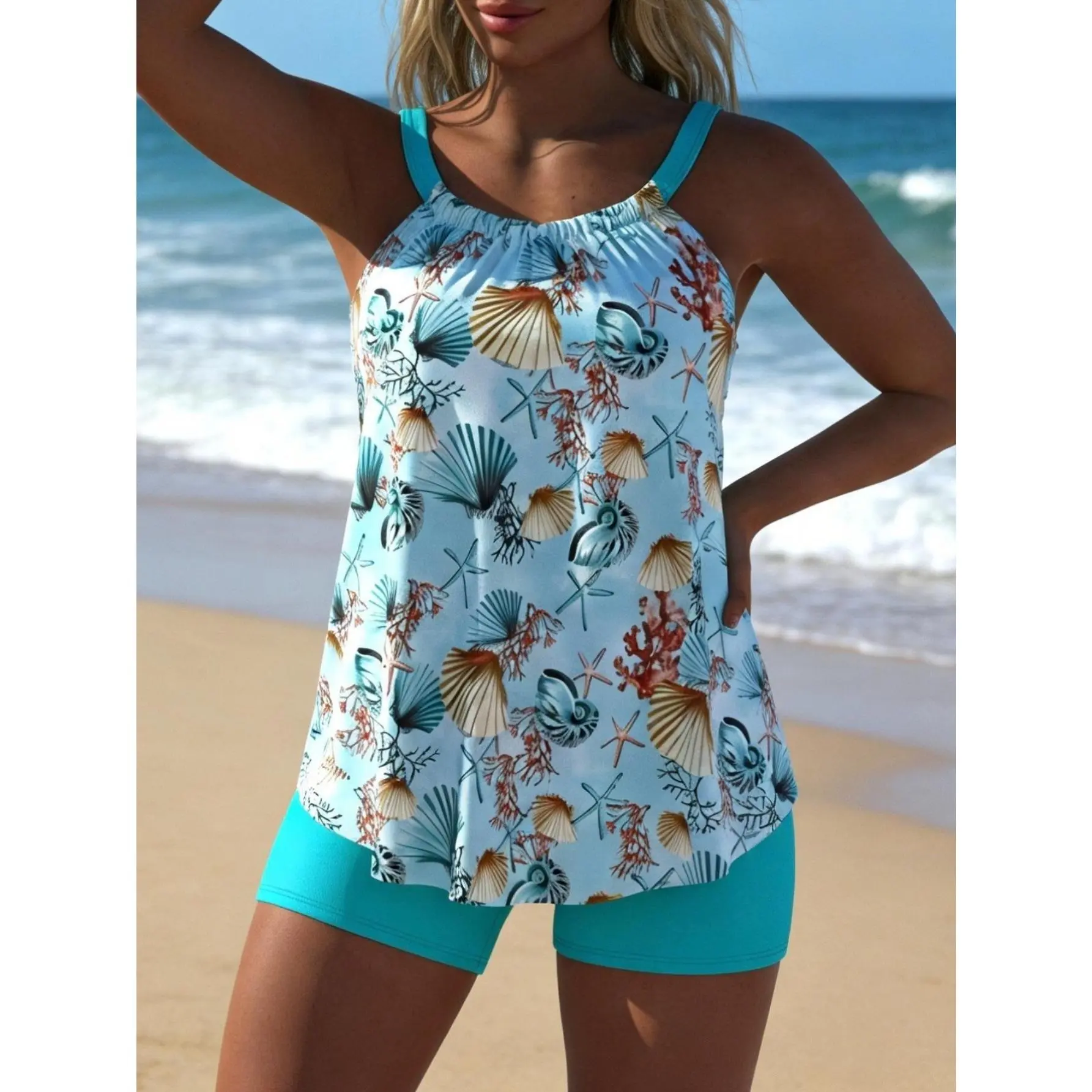 Women's 2026 Summer 2-Piece Quick-Dry Tankini Swimsuit - Ocean Print Henley Neck Ruched Flowy Top, High Waist Boyshorts, High Stretch Tummy Control for Modest Vacation Beach Pool Use, Beach Pool Swimsuit, Swimsuits