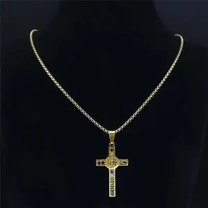 Stainless Steel Cross Necklace Saint Benedict Crystal Pendant for Men Gold Color Zirconia Chain Christian Jesus Cross Jewelry Wedding Party Gift
